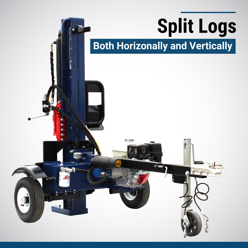 Iron & Oak log splitter horizontal and vertical operating feature graphic